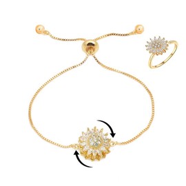 Spinning Sunflower Bracelet for Women - Adjustable Flower Rhinestone Fidget Bracelet with Cubic Zircon, Worry Relieving Jewelry Accessory - Color: Bracelet Style 2+Adjustable ring