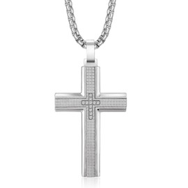 Holizaly Men's Cross Necklace 316L Stainless Steel Pendant White/Gold/Black/Blue Rolo Chain-Gift Box included (Silver -A)