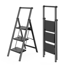 WOA WOA Step Ladder 3 Step Folding, Step Stool Foldable with Handle for Home, Sturdy Aluminum Kitchen Ladder, Lightweight to Move, Anti-Slip Feet, Wide Pedals, 330 lbs Capacity - Black
