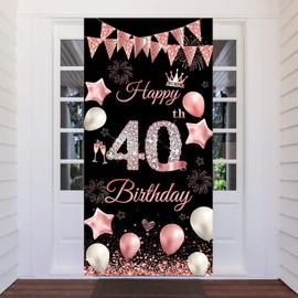 40th Birthday Banner, 40th Birthday Decoration Door Background for Women Men, 40th Birthday Party Decoration Door Banner for Birthday Party Welcome Sign, 180 x 90 cm (Black Pink-40)