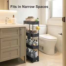 Pipishell Slim Storage Cart with Wheels - Bathroom Cart Organizer Storage, 4 Tier Rolling Carts for Bathroom, Laundry Room, Kitchen, Narrow Space, Black PIUC05