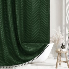Siiluminisoy Extra Long Dark Green Boho Shower Curtain Woven Fabric Cute 84 Inch Shower Curtain, 72 x 84 Tufted Leaves Textured Striped Modern Farmhouse Minimalist Cloth Shower Curtain for Bathroom