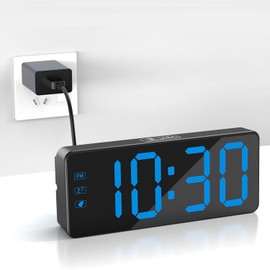 KWANWA Digital Alarm Clock with Large LED Display - Adjustable Brightness, 12/24H Time, Easy to Use, Mains Powered (Adapter Included) - Perfect Bedside Clock for Home, Office,Travel (Blue Digit)
