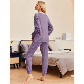 Ekouaer Lounge Sets for Women 2 Piece Long Sleeve Pajamas Jogger Set Pullover and Drawstring Pants Soft Pjs Set,Grey Purple,M