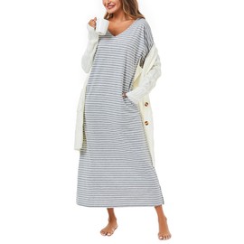 Uniexcosm Long Nightdress for Women Nightgowns 3/4 Sleeve Cotton Nighties Baggy Ladies Nightshirts with Pockets Plus Size Sleep Dress Nightwear Loungewear Sleepwear S-XXL Grey