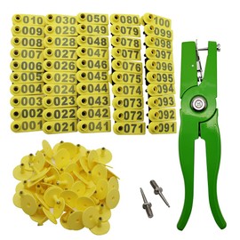 Sheep Ear Tag 001-100 Number Plastic Livestock Tags Goat with Punch Applicator Plier Tools and 2Pcs Ear Tag Pins (Yellow)