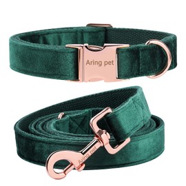 ARING PET Dog Collar and Leash, Green Velvet Dog Collar and Leash Set, Comfortable and Adjustable Dog Collar Set for Boys&Girls Dogs, Medium