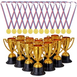THE TWIDDLERS 12 Sports Festival Gold Medals & 12 Trophies for Children's Birthdays, School Games & Celebrations - Party Bags & Prize