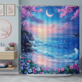 Moon Ocean Beach Shower Curtain, Fantasy Starry Night Sky, 70Wx70H Inches
