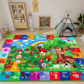 Mfmiudole ABC Kids Rug for Playroom 59"×39.4" Hobbit House Educational Kids Playmat Alphabet Animal & Shape Learning, Premium Non-Slip Playmat for Toddlers Letters Farm Animals Color Classroom Carpet