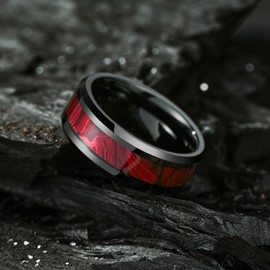 King Will Black Tungsten Wedding Band For Men, 8mm Promise Ring Inlay Red Twill Pattern, High Polished Beveled Edge - Suitable For Daily Wear, Comfort Fit Size 11