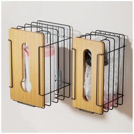 Stylstoreazy 2 Pack Grocery Bag Holder,Wall Mount Plastic/Grocery Bag Storage Organizer with Bamboo Top for Kitchen, Pantry, Under Sink and Garage, Extra Large and Large Black