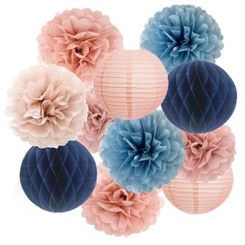 Dusty Pink Blue Hanging Party Decorations with Tissue pom poms and Paper Lantern for Bridal Baby Shower Gender Reveal Birthday Decor Supplies (Dusty blue + Rose gold)