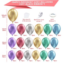 NISOCY Metallic Balloons Arch Garland Kit, 104PCS 18In 12In 10In 5In Shiny Chrome Balloons Assorted Colors for Birthday Wedding Baby Shower Anniversary Celebration Decoration