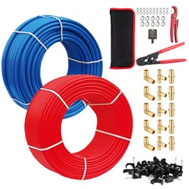 HeSun 1/2 Inch PEX-B Pipe, 2x100FT Pex B Tubing with 1/2" Brass Pex Fittings:15PCs Elbow&Coupling&Tee(5 Each), with J-Clamp and Cinch Clamp Rings, Pipe Cutter,Clamp Tool,Red&Blue