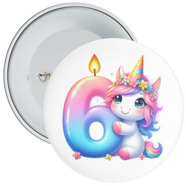 Colourful Unicorn 6th Birthday Badge : 59mm Wide : Standard Metal Pin Back (6th Birthday)