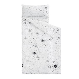 Wake In Cloud - Extra Long Nap Mat with Removable Pillow for Kids Toddler Boys Girls Daycare Preschool Kindergarten Sleeping Bag, Space Stars Rockets on White, 100% Cotton with Microfiber Fill