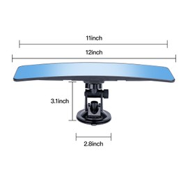 VisionSync 12" Large Curved Car Rear View Mirror with Suction Cup, Anti-Glare Universal Rearview Mirror with Panoramic Wide Angle Mounted on Windshield for Car, Van, RV, SUV, Truck, and Boat (Blue)