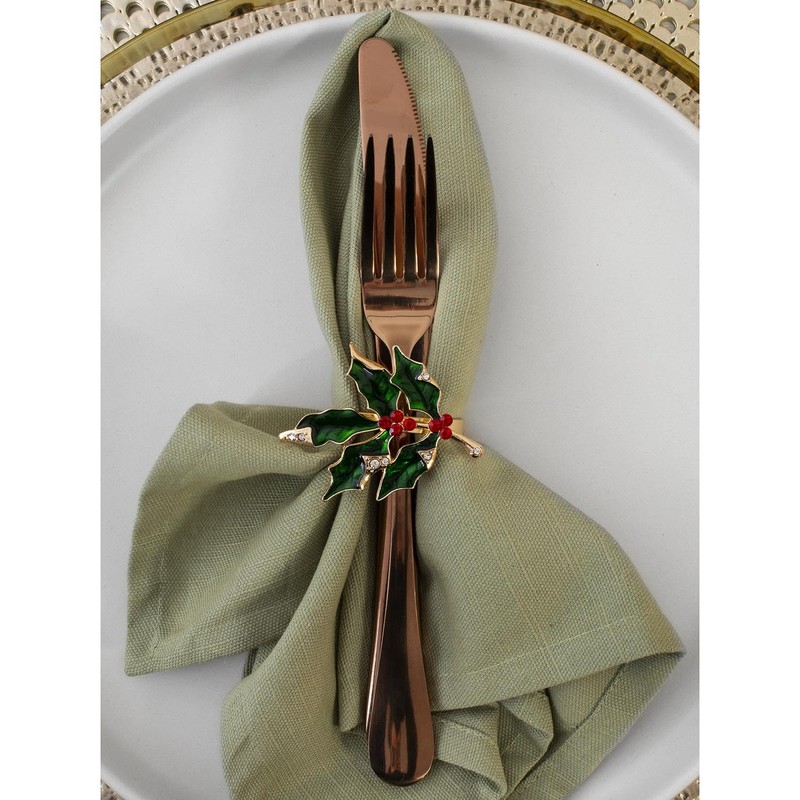 YöL Set Of 6 Deluxe Holly Gem Napkin Rings Christmas