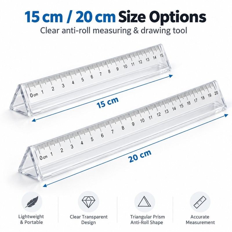 Transparent Triangular Ruler, 15cm/20cm Clear Anti-Roll Measuring & Drawing Tool
