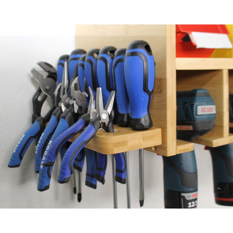 DupliM Bamboo Wall-Mounted Power Tool Organizer, Power Drill Holder and