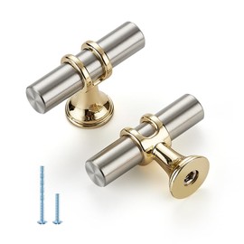 HOME EDIT Brushed Nickel and Brushed Brass Cabinet Knobs Handles, Single Hole Modern T-Bar Drawer Pulls, Decorative Hardware for Cabinets, Dressers, and Drawers, 10 Pack
