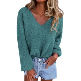 KIRUNDO Sweaters for Women Fall 2025 Oversized V Neck Cozy Cute Casual Long Sleeve Knit Pullover Trendy Winter Clothing(Blue Green, Large)