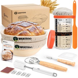 Sourdough Bread Baking Supplies, Sourdough Starter Kit, 2 9 Inch Round Banneton Bread Proofing Basket with 24 Oz Glass Jar, Sour Dough Tools with Danish Dough Whisk & Scraper