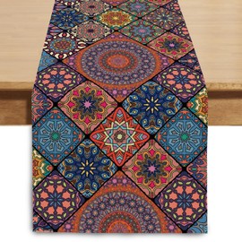 Winotic Boho Table Runner 72 Inches Long, Vintage Bohemian Seasonal Table Runners for Party Kitchen Dining Coffee Table Bedroom Dressers Indoor Outdoor, Machine Washable (Bohemian A, 13” x 72”)