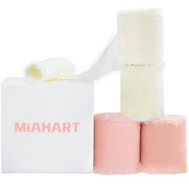 MIAHART 4 Rolls Chiffon Silk Ribbon White Pink Handmade Fringe Chiffon Ribbon 1.5 Inch Wide Frayed Ribbon for Wedding Bridal Bouquets Baby Shower Christmas Decor