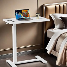 GlasFlength Overbed Bedside Table with Wheels, Mobile Standing Desk Adjustable Height, Modern Portable Rolling Bed Table for Laptop Computer Writing, Hospital & Home Use, White