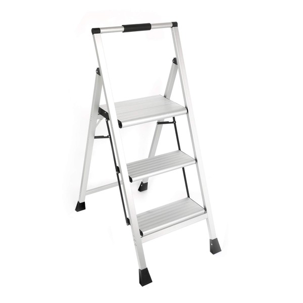 Topfun 3 Step Ladder, Lightweight Aluminum Folding Step Stool, Multi-Use Non-Slip Wide Platform Ultra-Light Sturdy Ladder, 225lbs Capacity, Fully Assembled for Household and Office