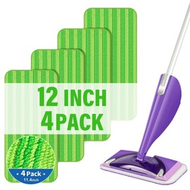 12 inch Mop Pads Refills, 4 Pack Microfiber Reusable Replacement Flat Replacements Heads for Wet Dry Floor Cleaning, Green Cloth