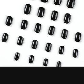 MouYou Press on Nails Short, Squared Oval Plain Black Fake Nails Full Cover Artificial Nails with Nail Glue, Squoval Black Solid Colour Acrylic Artificial Fingernails for Women