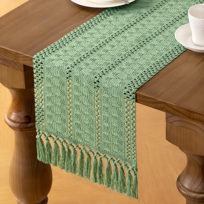 MLMW Boho Sage Green Table Runner 60 inches Short Coffee