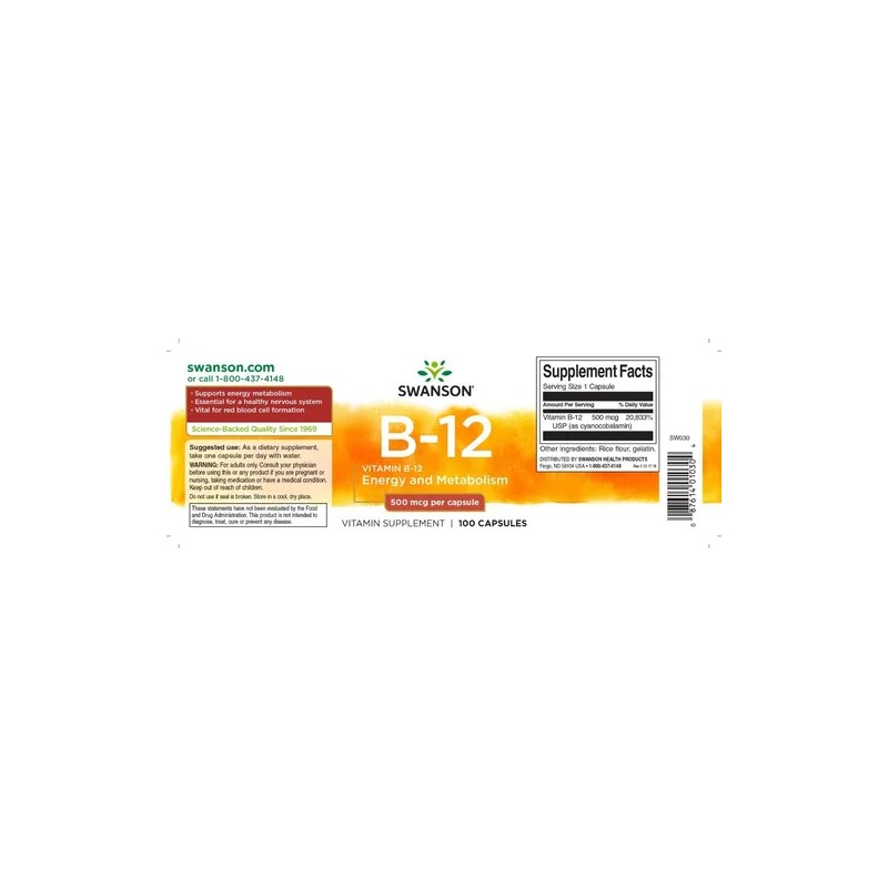 Swanson 2 Pack Vitamina B-12 100 Caps Sfn Sin Sabor