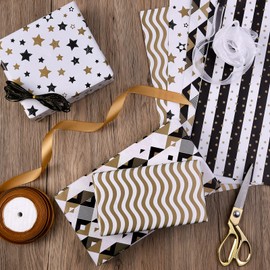 PlandRichW Wrapping Paper Folded Black White and Gold Matte Design Stars, Stripes, Ripples, Plaids for Birthdays, Christmas, Graduations, Weddings, Father's Day 4 Styles 20" X 29" 12 Sheets
