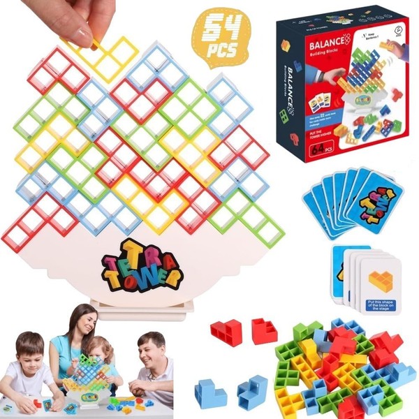 64 Pcs Tetra Tower Game, Balance Stacking Block Party Game,Fun Party Game for Family Game Night, Stack Attack Game for Kids, Teens, Adults