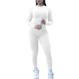 VASAUGE Women's Sexy One Piece Long Sleeve Jumpsuits Ribbed Crew Neck Club Rompers, Small, White