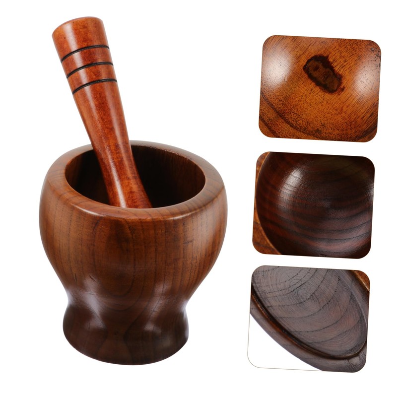 SHOWERORO 1set Wooden Garlic Pestle and Grinding Bowl Manual Crushing