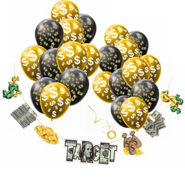 Money Party Banner & Balloons Set Bill Dollar Signs Currency Symbol Banner and Latex Balloons for Investment Party Birthday Casino Graduations Wedding Anniversary Bachelorette Retirement Party
