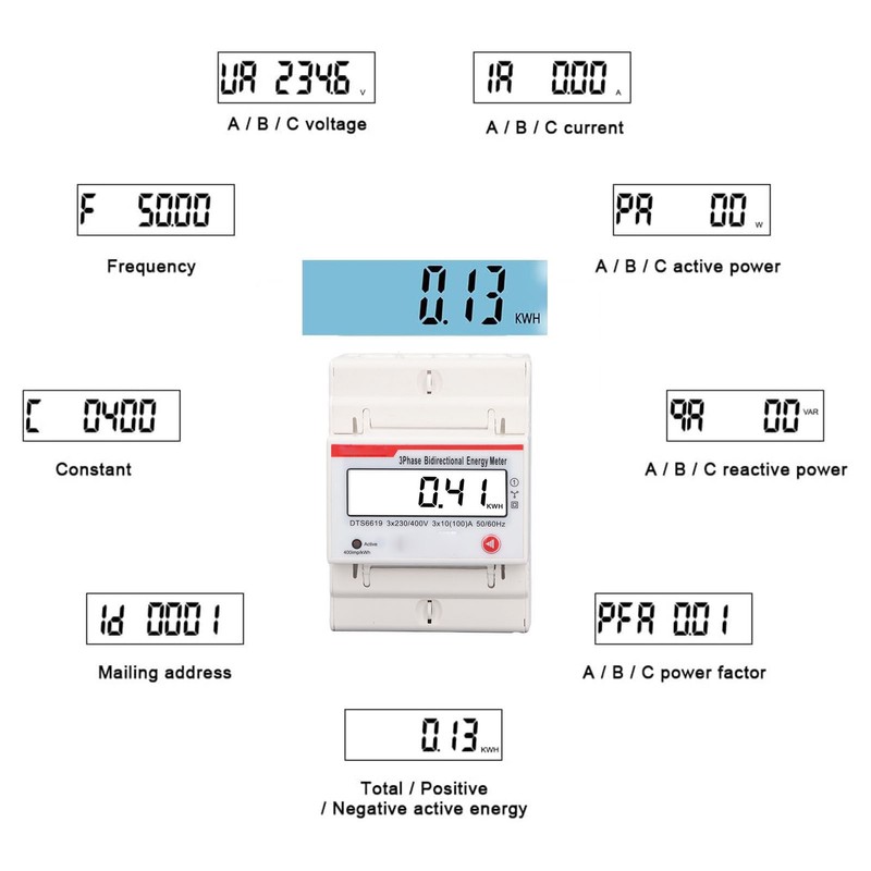 DIN Rail 3 Phase 4 Wire Energy Meter Multifunctional LCD