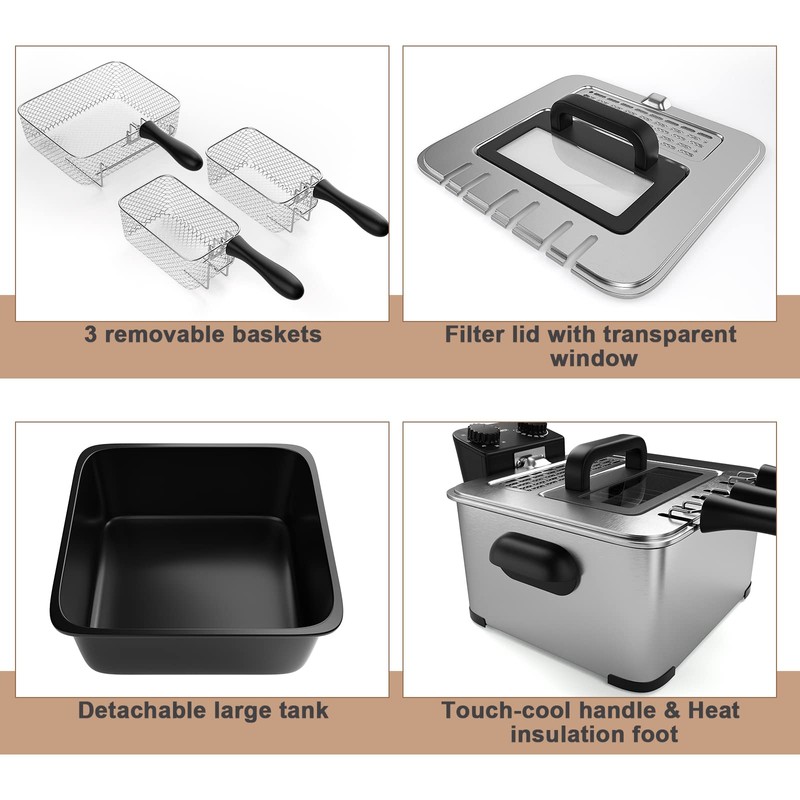 CHEFJOY Electric Deep Fryer with 3 Baskets, 5.3Qt Adjustable Temperature
