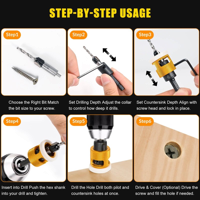 5PCS Countersink Drill Bit Set, Low Friction Depth Stop, 1/8