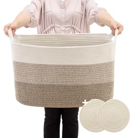 Greadsoel Storage Basket Laundry Hamper Baby Toy Woven Storage Cotton Rope Basket with Handle 2 Free Coaster Large 75L