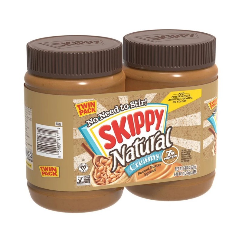 Skippy Natural Creamy Peanut Butter 48oz 2 Pack No Stir