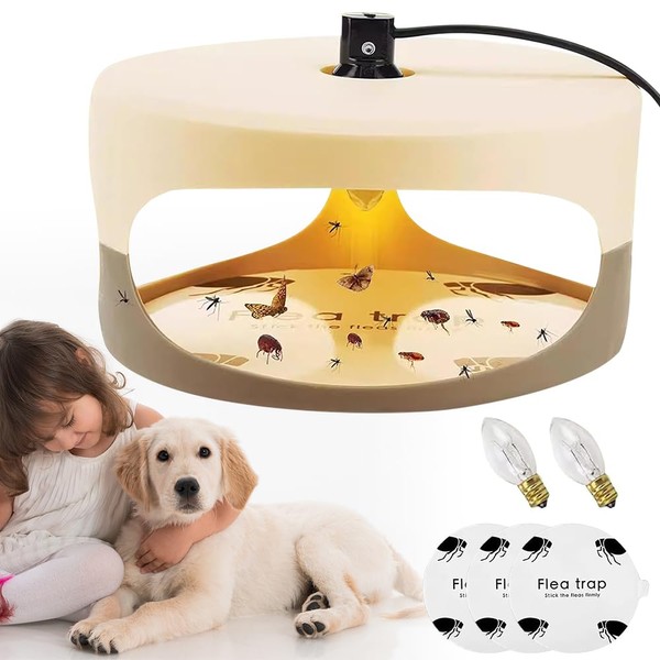 ZOYDP Flea Traps for Home, Flea Light Trap, Flea Lamp Traps for Home, Odorless, Non-Toxic, Natural Flea Catcher Light with 3 Glue Discs and 2 Light Bulbs for Home, Bedding, Carpets