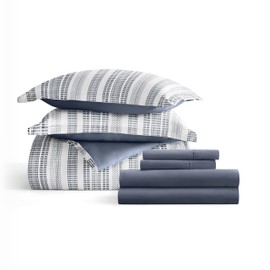 Merit Linens Bedding Bundle, Patterned Microfiber Comforter Set and Solid Sheet Set - King Navy