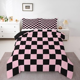 Feelyou Checkered Bedding Set Teen Women Men Pink Black Plaid Comforter Set Twin Size Kids Boys Girls Cute Retro Neutral Checkerboard Geometric Duvet Insert Vintage Aesthetic Room Decor