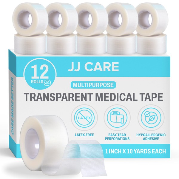 JJ CARE Transparent Medical Tape (Pack of 12), 1 x 10 Yards Clear Surgical Tape for Wounds, No Residue Medical Tape, Clear First Aid Tape Roll and Easy-Tear Medical Tape for Wound Care